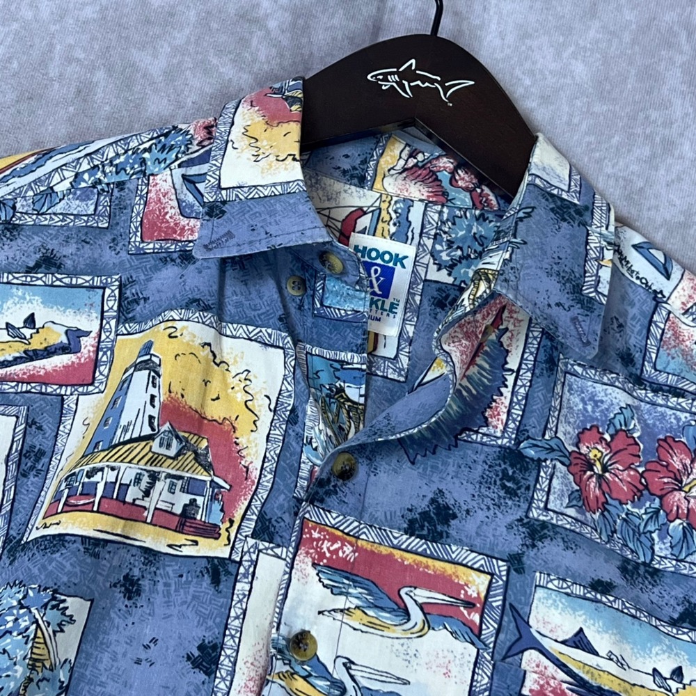 Hook & Tackle‎ Mens Medium Blue Nautical Shirt Short Sleeve Marlin
